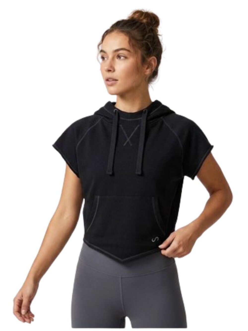 TLF Hoodie Black Cropped Raglan Short Sleeve with Kangaroo Pocket Sporty, Small
